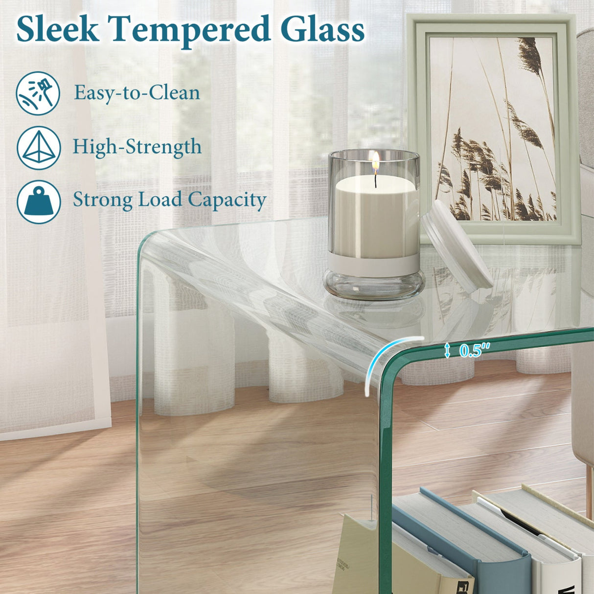 Mesa auxiliar en forma de C, de cristal templado moderno, con estante