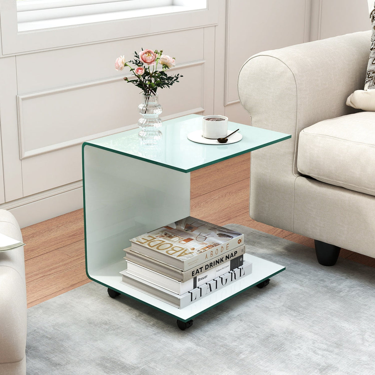 Mesa auxiliar en forma de C, de cristal templado moderno, con estante