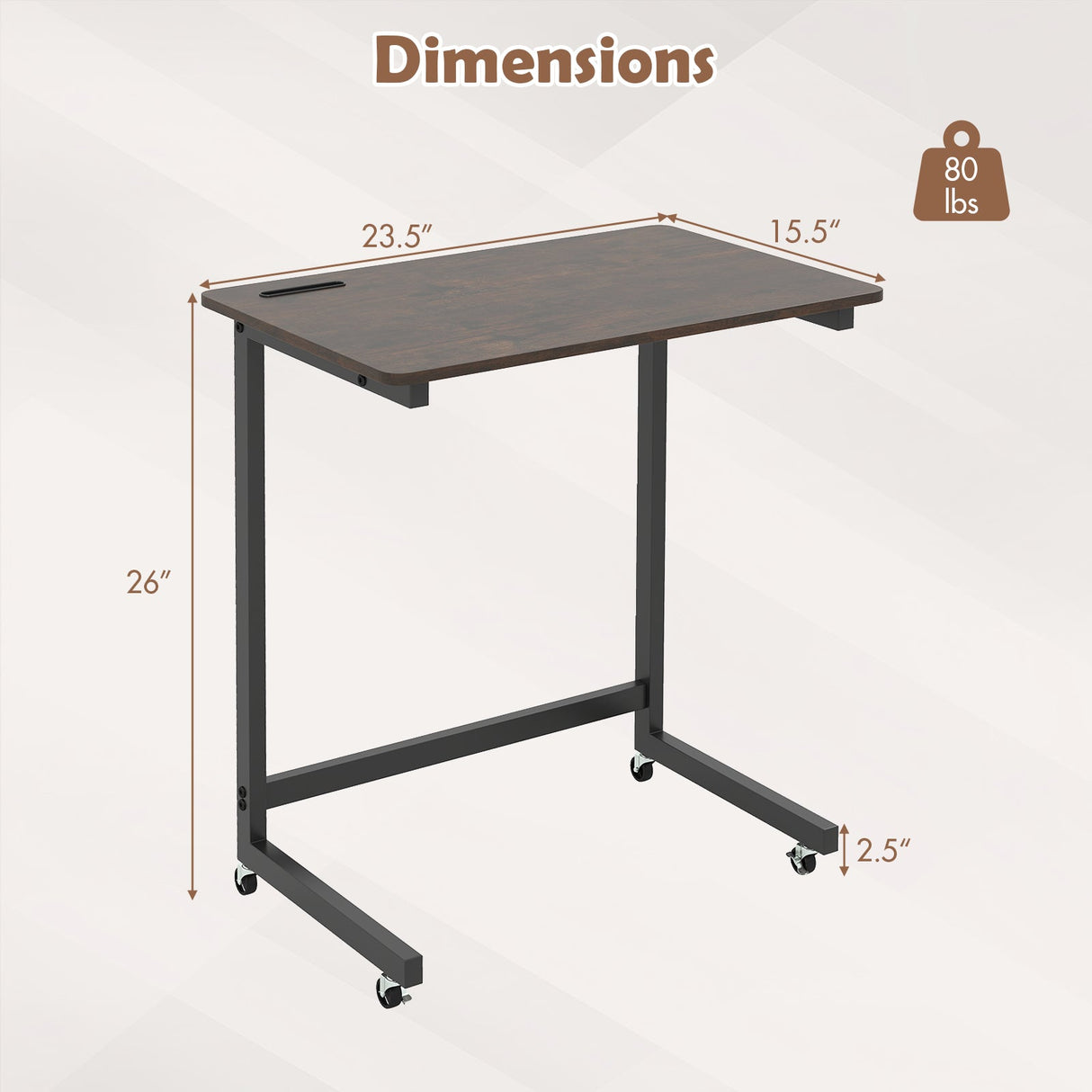 Mesa auxiliar en forma de C con ruedas Mesa de noche móvil con ranura para teléfono incorporada - Marrón rústico