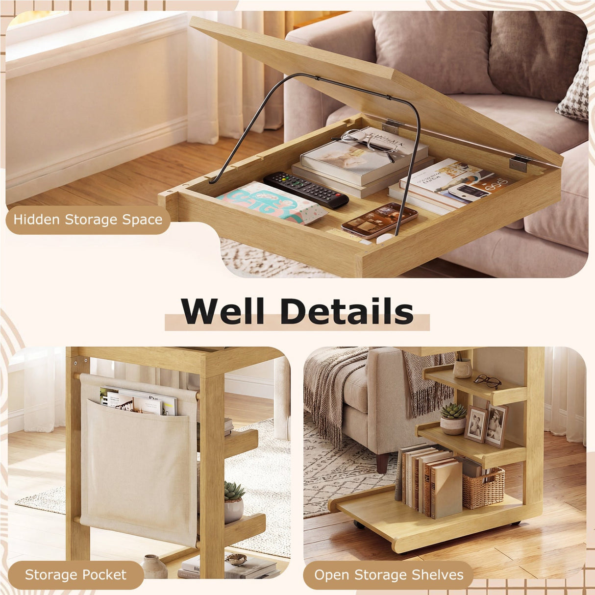 Mesa auxiliar en forma de C con ruedas y tablero ajustable para sofá, cama o mesilla de noche