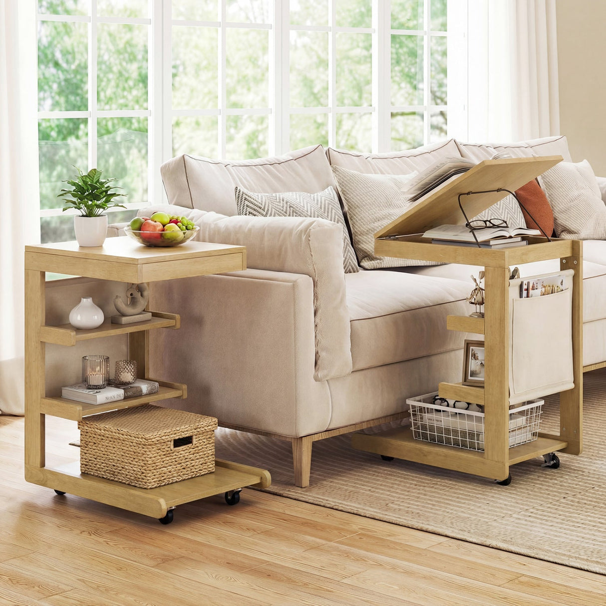 Mesa auxiliar en forma de C con ruedas y tablero ajustable para sofá, cama o mesilla de noche