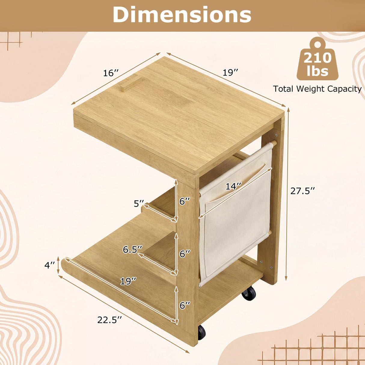 Mesa auxiliar en forma de C con ruedas y tablero ajustable para sofá, cama o mesilla de noche