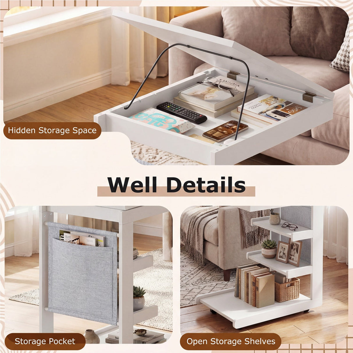 Mesa auxiliar en forma de C con ruedas y tablero ajustable para sofá, cama o mesilla de noche