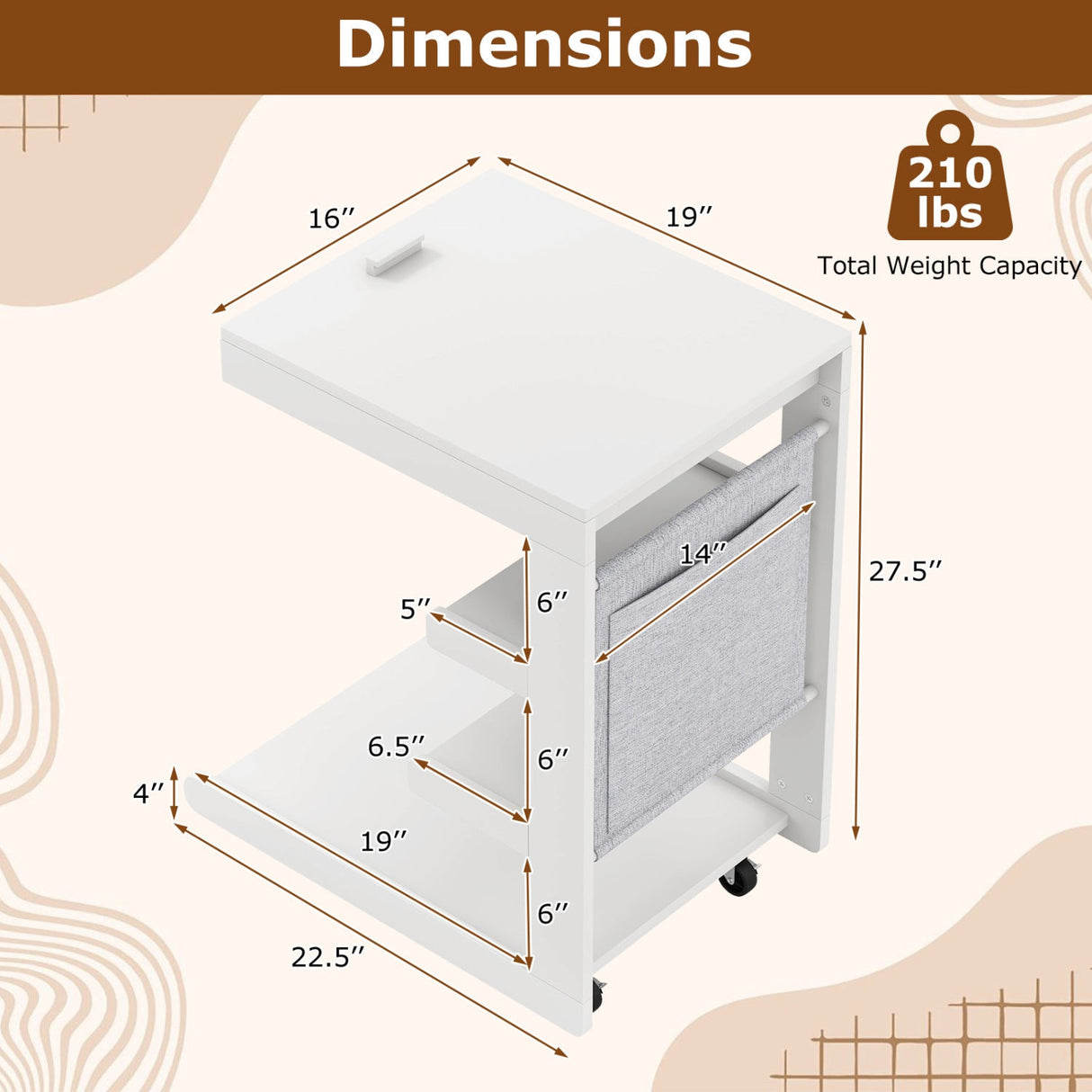 Mesa auxiliar en forma de C con ruedas y tablero ajustable para sofá, cama o mesilla de noche