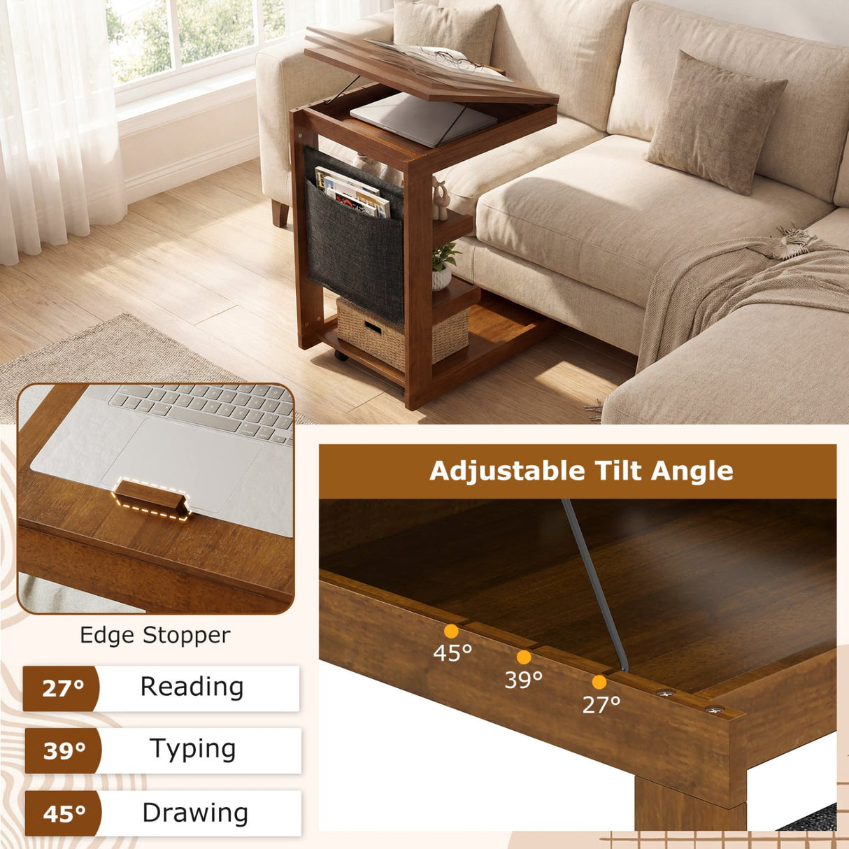 Mesa auxiliar en forma de C con ruedas y tablero ajustable para sofá, cama o mesilla de noche