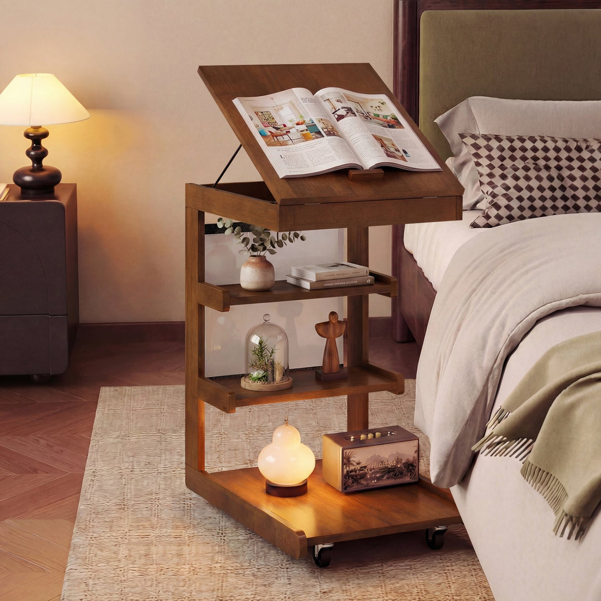 Mesa auxiliar en forma de C con ruedas y tablero ajustable para sofá, cama o mesilla de noche