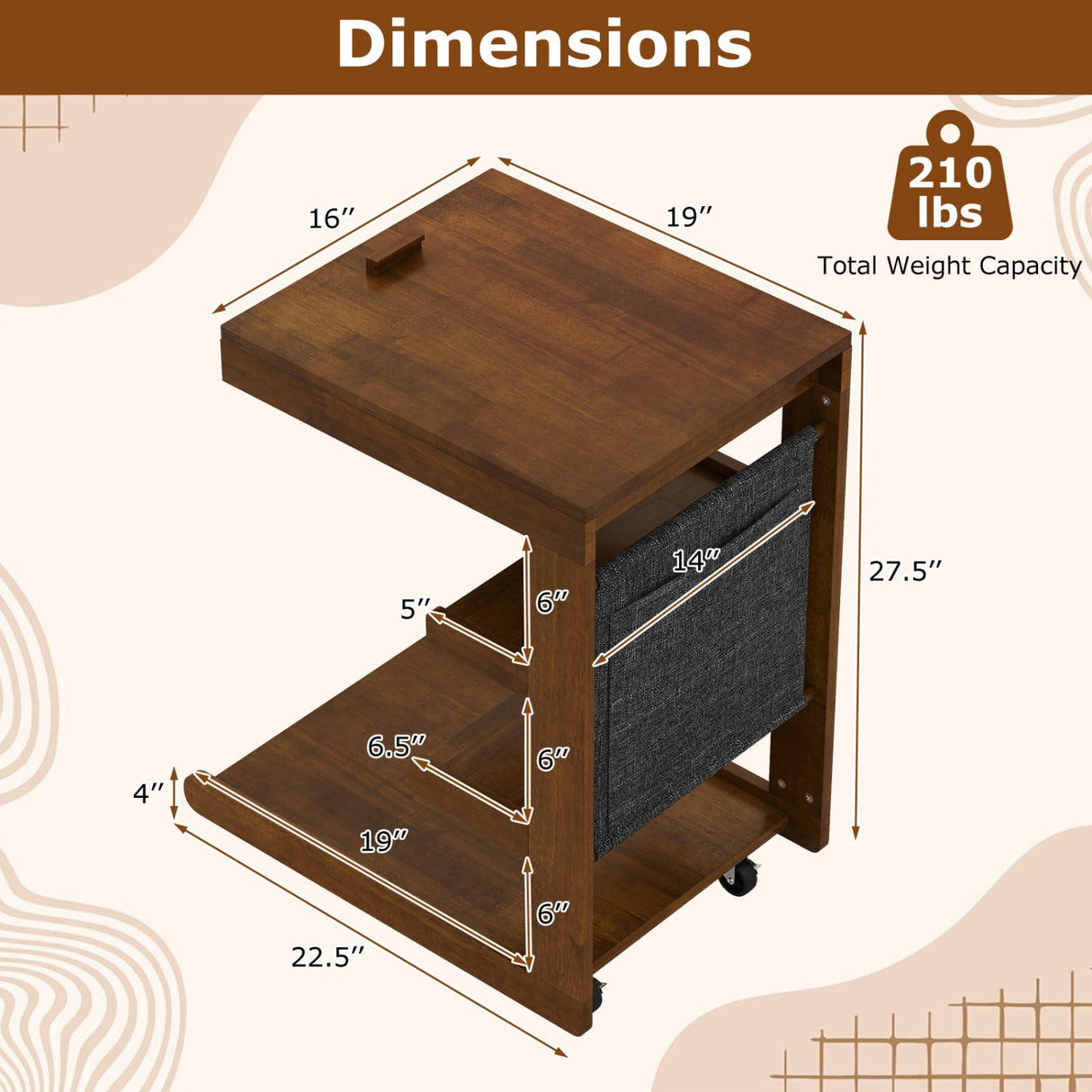 Mesa auxiliar en forma de C con ruedas y tablero ajustable para sofá, cama o mesilla de noche
