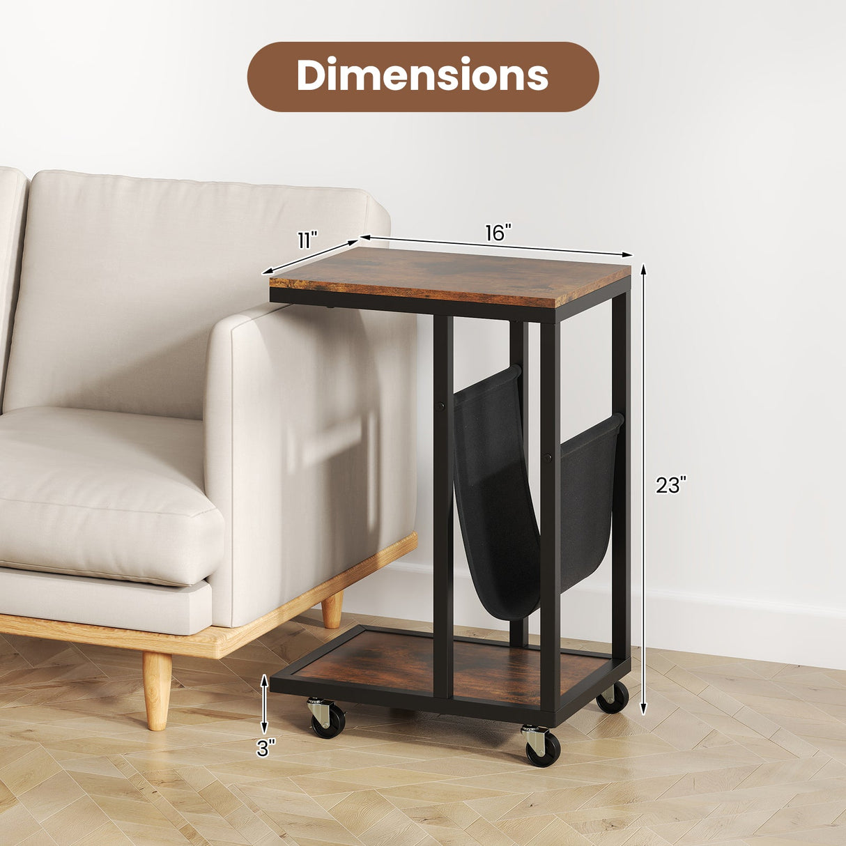 C-shaped Side Table with Canvas Storage Pouch and Metal Frame-Borwn