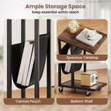 C-shaped Side Table with Canvas Storage Pouch and Metal Frame-Borwn