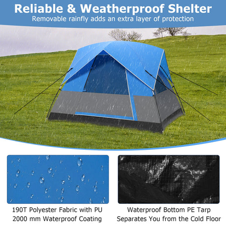 Tienda de camping exterior para 3 personas con alfombrilla de suelo extraíble para camping, senderismo, viajes - Azul