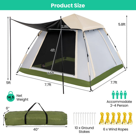 Tienda de campaña instantánea tipo pop-up para 2-4 personas con toldo/cubierta desmontable (impermeable)