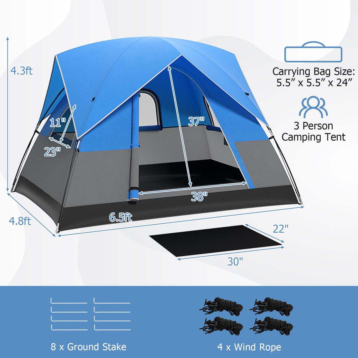 Tienda de camping exterior para 3 personas con alfombrilla de suelo extraíble para camping, senderismo, viajes - Azul