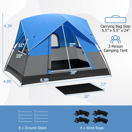 Tienda de camping exterior para 3 personas con alfombrilla de suelo extraíble para camping, senderismo, viajes - Azul