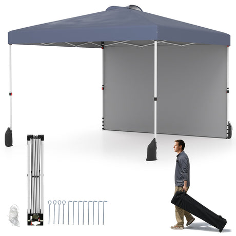 Carpa Cenador Plegable de 3 X 3 M con 1 Pared Lateral y Bolsa con Ruedas