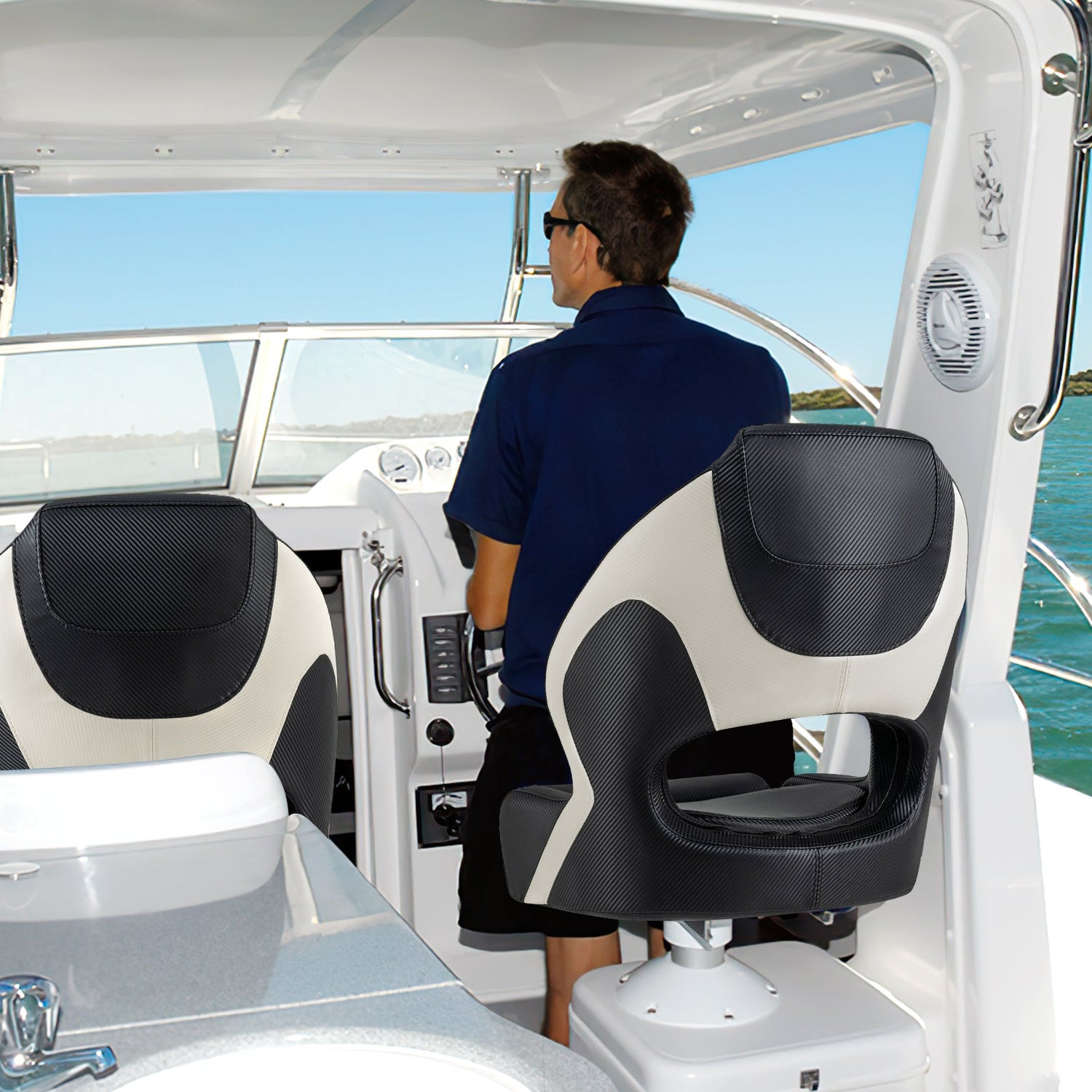 Asiento de capitán tipo cubo con cuero de PVC impermeable para barco turístico - Negro