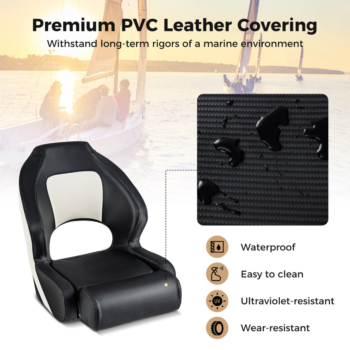 Asiento de capitán tipo cubo con cuero de PVC impermeable para barco turístico - Negro