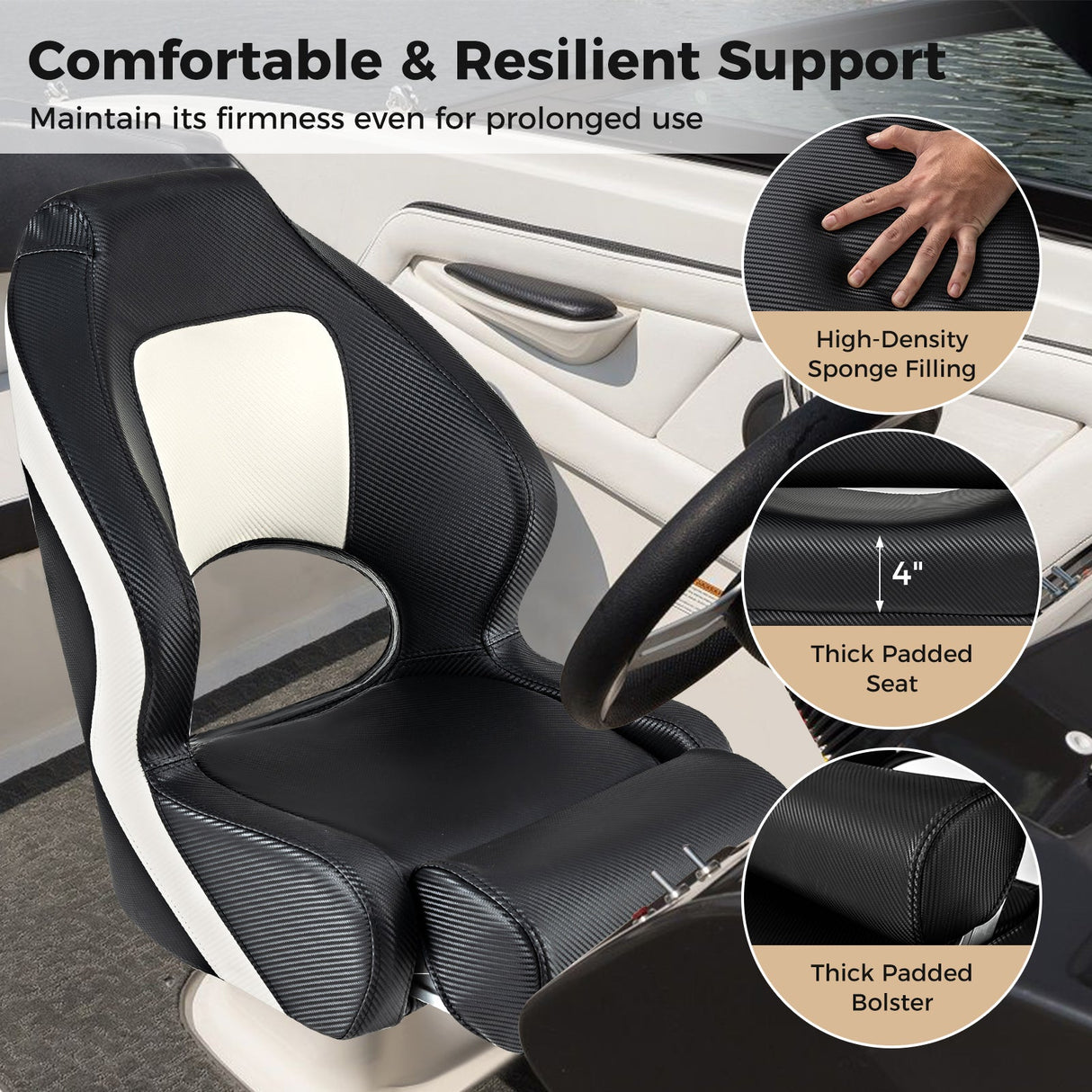 Asiento de capitán tipo cubo con cuero de PVC impermeable para barco turístico - Negro