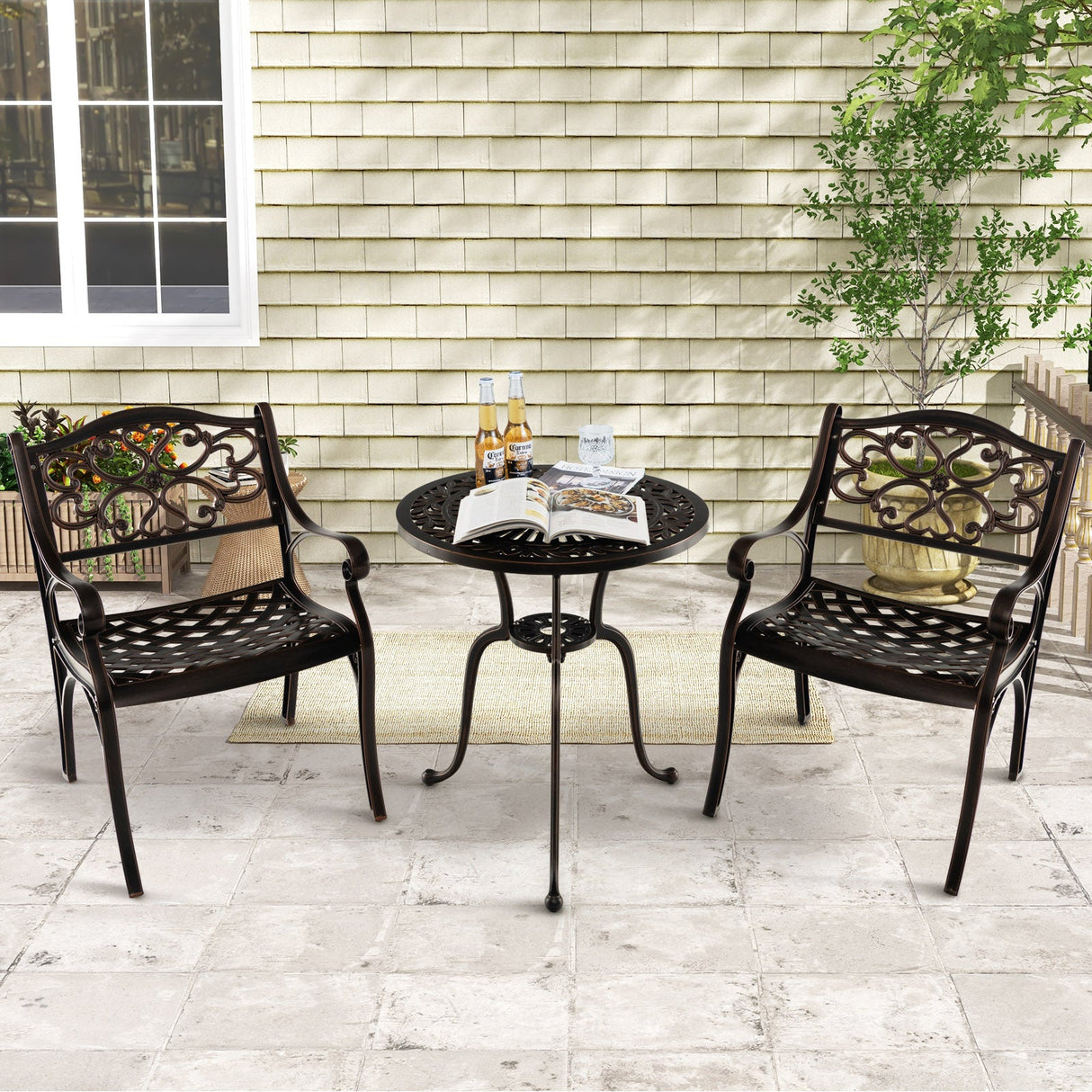 Sillas de comedor de aluminio fundido, juego de 2 con reposabrazos para patio, patrón de flores, bronce