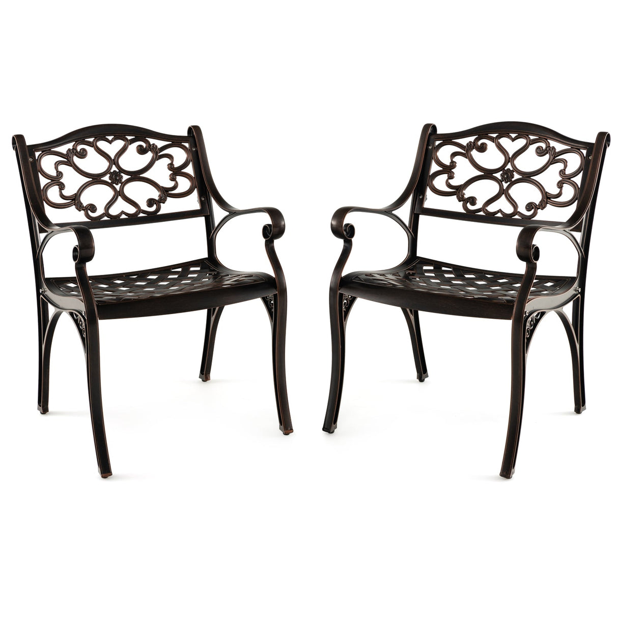 Sillas de comedor de aluminio fundido, juego de 2 con reposabrazos para patio, patrón de flores, bronce
