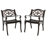 Sillas de comedor de aluminio fundido, juego de 2 con reposabrazos para patio, patrón de flores, bronce