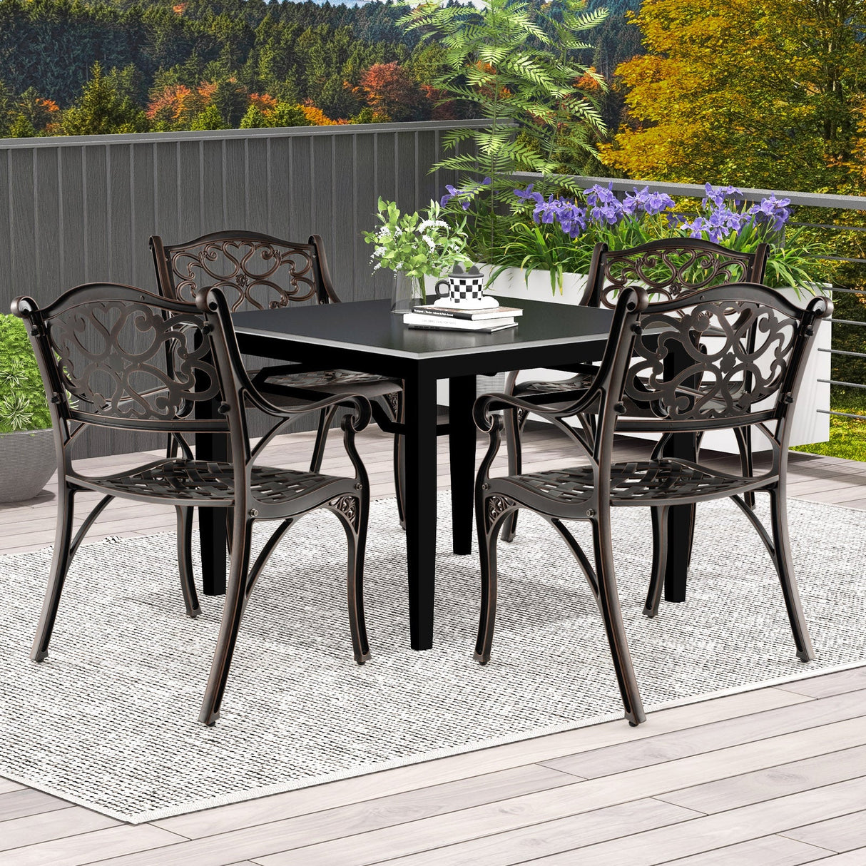 Sillas de comedor de aluminio fundido, juego de 2 con reposabrazos para patio, patrón de flores, bronce