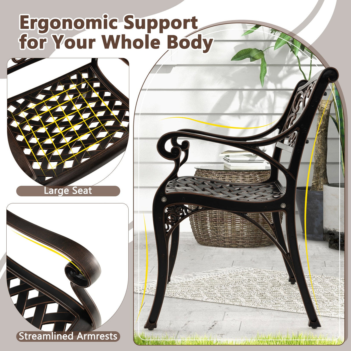 Sillas de comedor de aluminio fundido, juego de 2 con reposabrazos para patio, patrón de flores, bronce