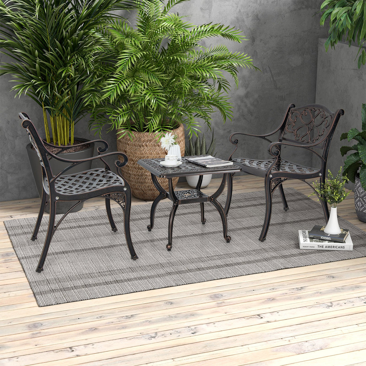 Mesa auxiliar de exterior de aluminio fundido con estante de almacenamiento para jardín, porche o balcón - Marrón rústico