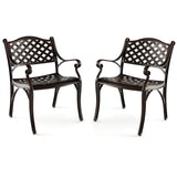 Juego de 2 sillas de comedor de patio de aluminio fundido con reposabrazos, patrón de rombos, bronce