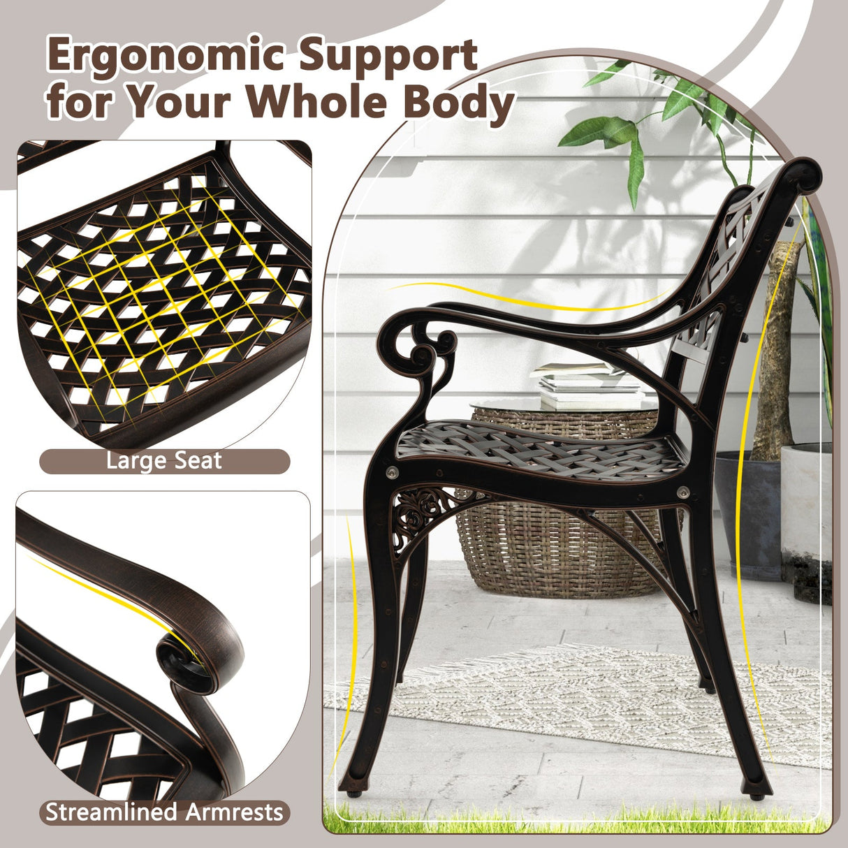 Juego de 2 sillas de comedor de patio de aluminio fundido con reposabrazos, patrón de rombos, bronce