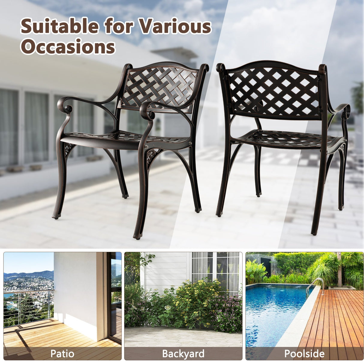 Juego de 2 sillas de comedor de patio de aluminio fundido con reposabrazos, patrón de rombos, bronce