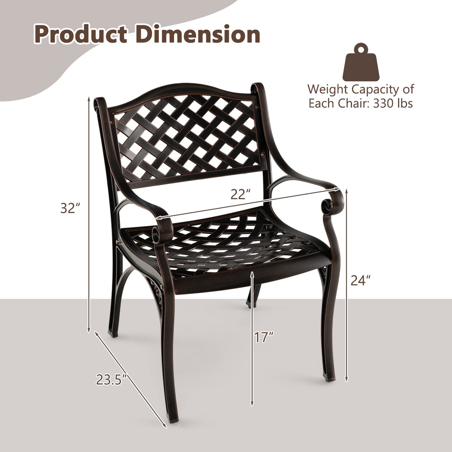Juego de 2 sillas de comedor de patio de aluminio fundido con reposabrazos, patrón de rombos, bronce