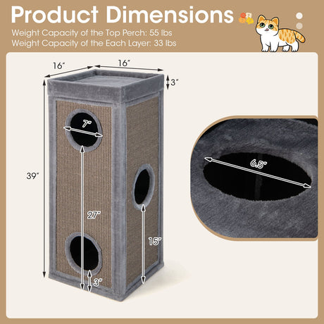 Rascador para gatos de 99 cm de alto con postes rascadores, 3 escondites y 4 suaves cojines de felpa