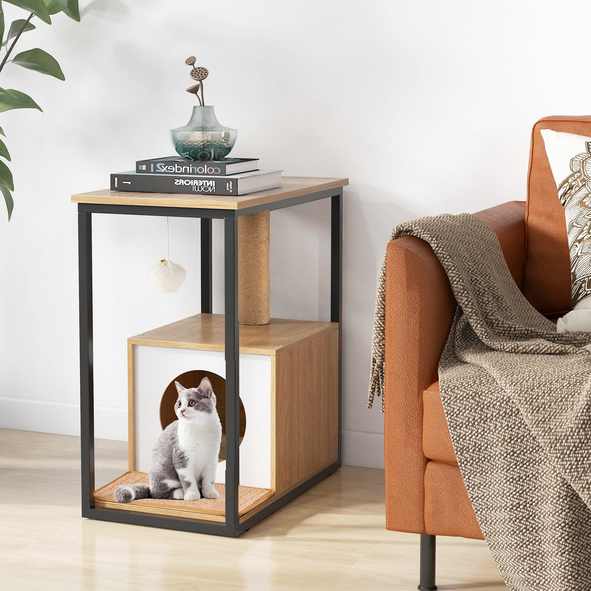 Mesa Auxiliar para Gatos, Casa para Gatos con Poste Rascador