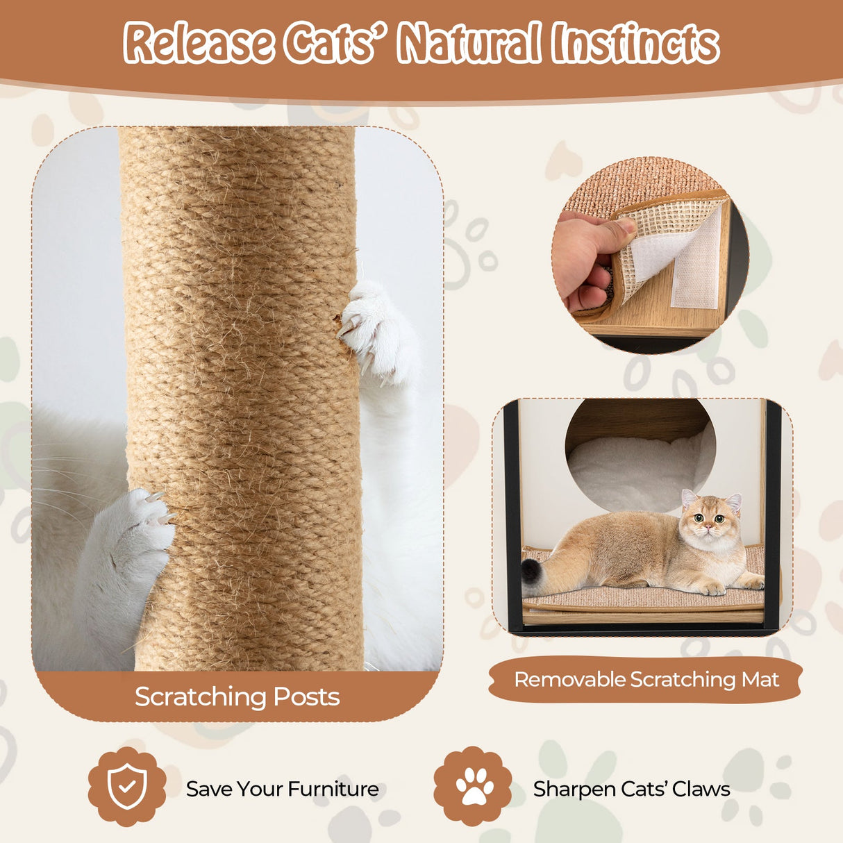 Mesa Auxiliar para Gatos, Casa para Gatos con Poste Rascador
