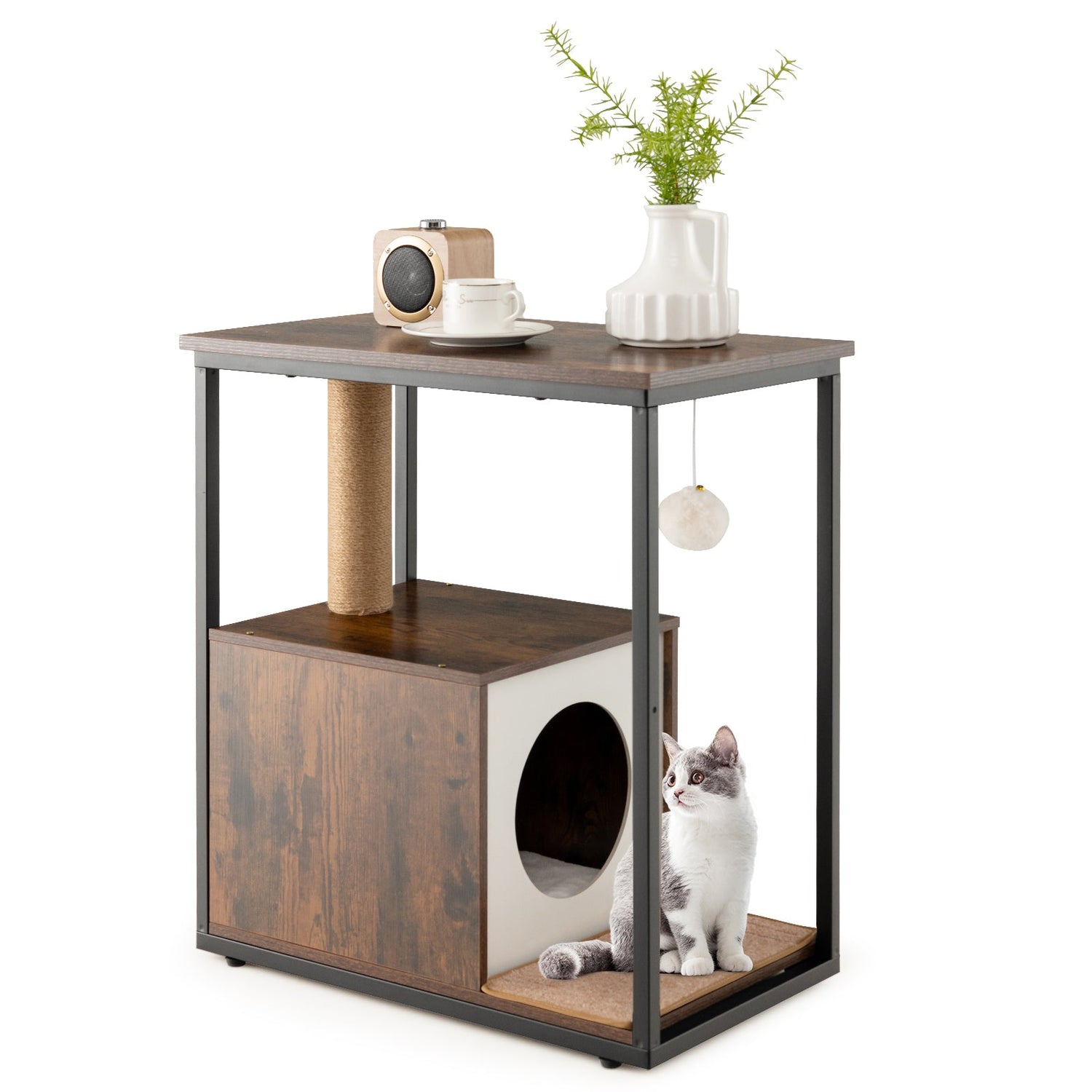 Mesa Auxiliar para Gatos, Casa para Gatos con Poste Rascador