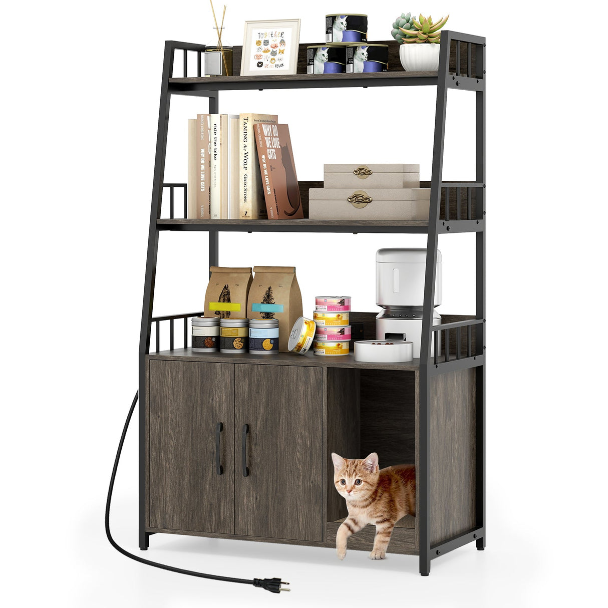 Arenero para gatos con estantes de almacenamiento y rascador