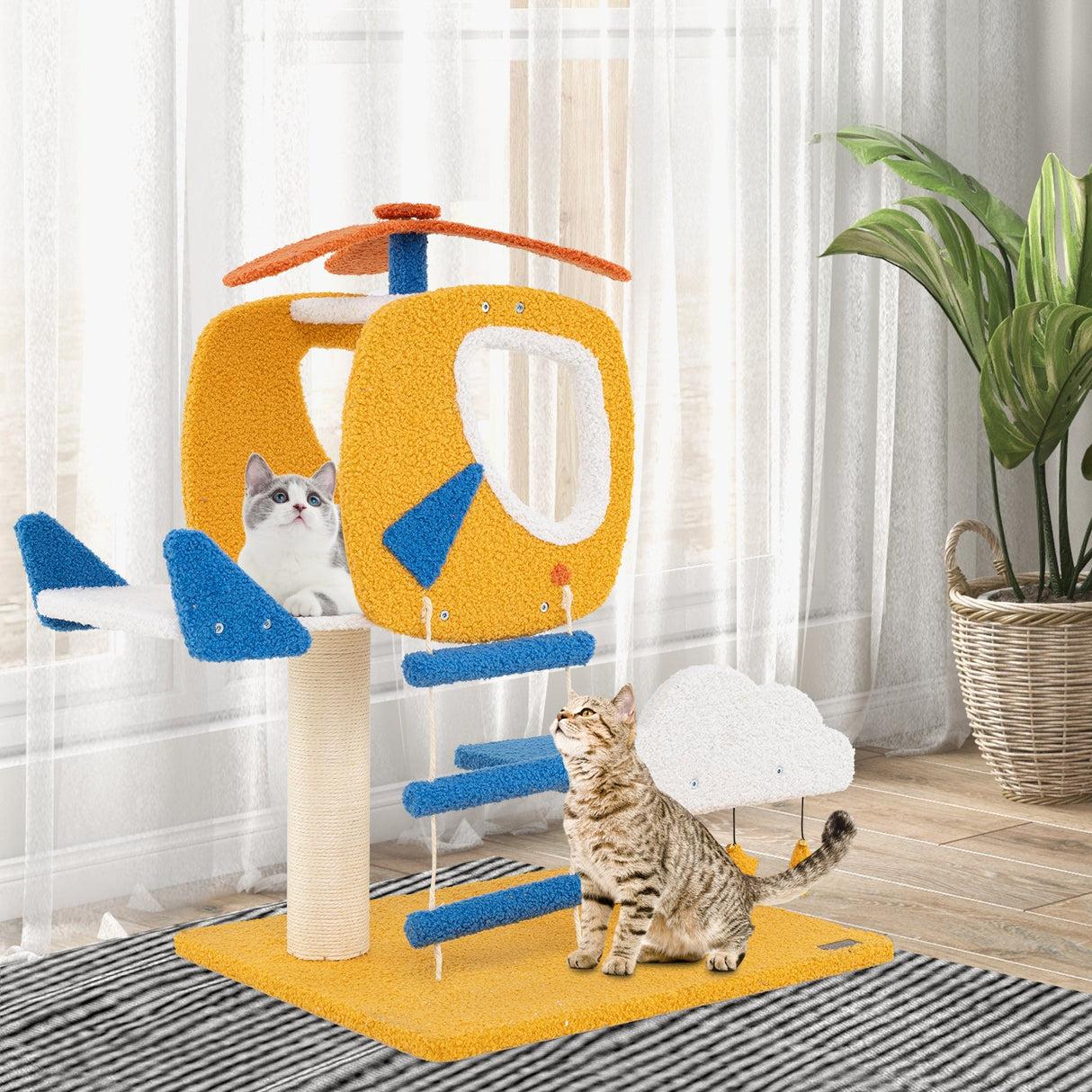 Árbol/Torre de Gatos Temática de Aviación Pequeña de Interiores con Percha Superior de Helicóptero - Amarillo
