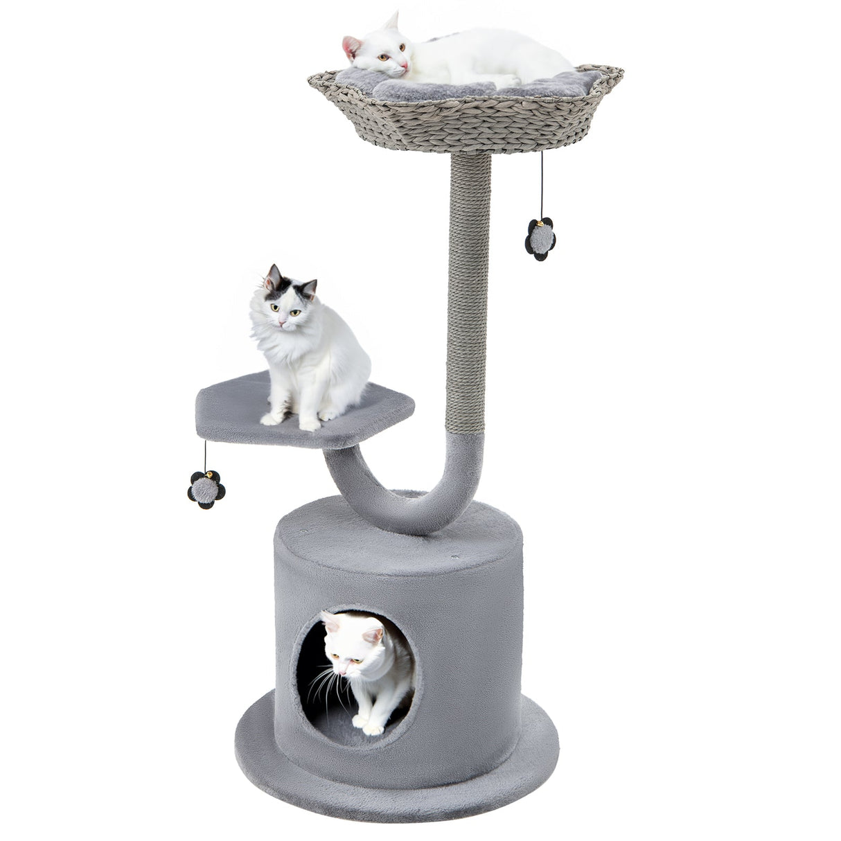 Torre para gatos de 42 pulgadas de alto con estructura de metal curvado para gatos grandes y pequeños - Gris