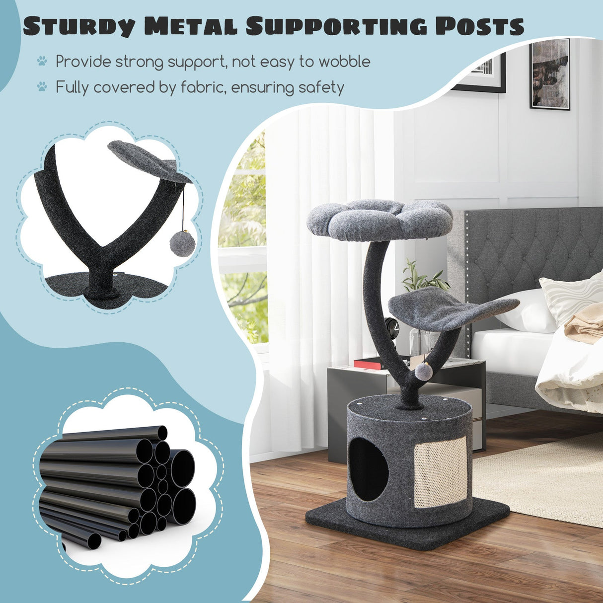 Árbol para gatos de interior con estructura de soporte metálica curvada para gatos grandes y pequeños - Gris