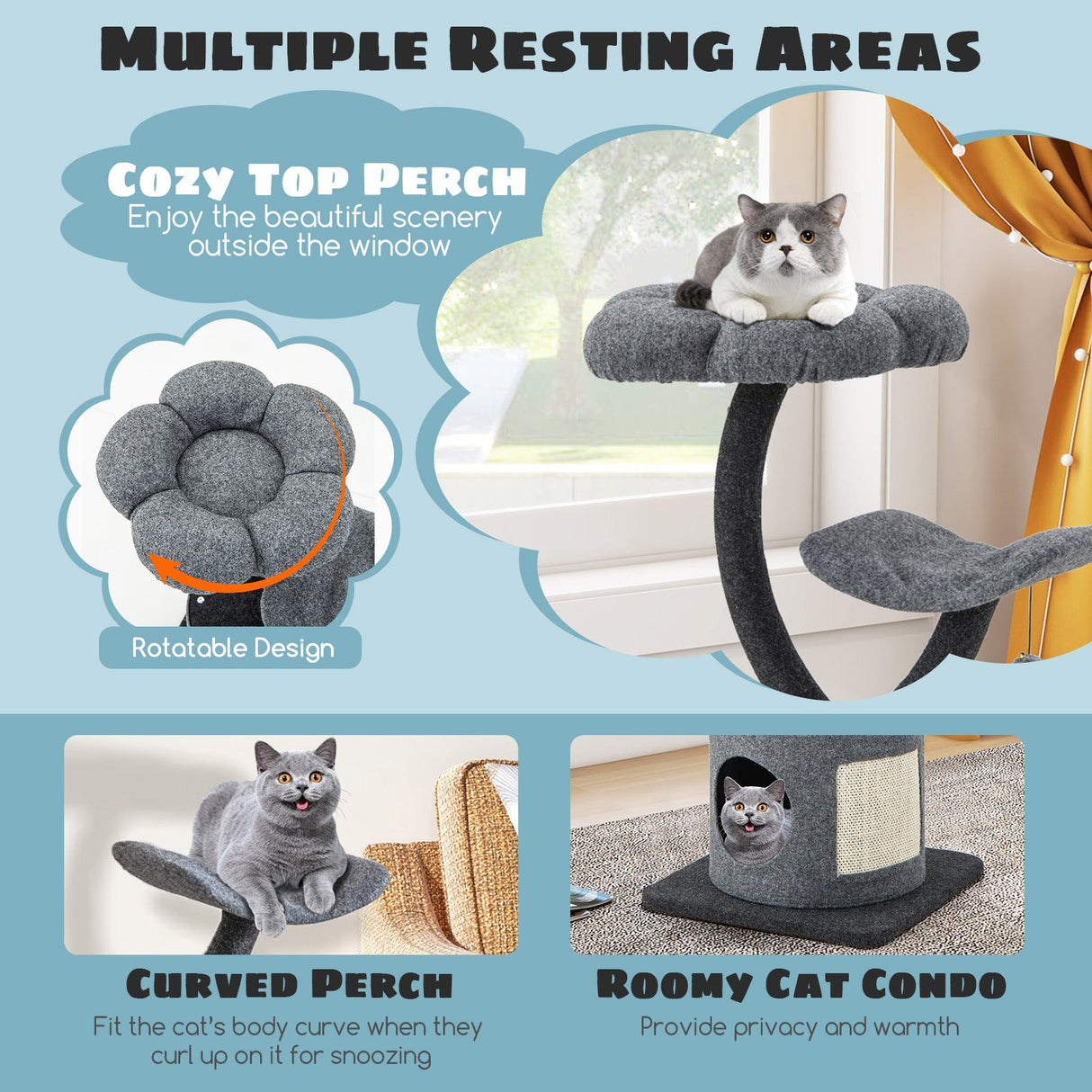 Árbol para gatos de interior con estructura de soporte metálica curvada para gatos grandes y pequeños - Gris