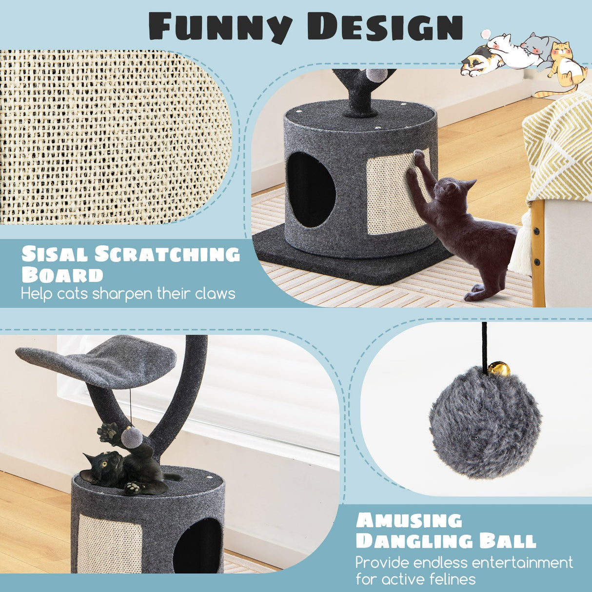 Árbol para gatos de interior con estructura de soporte metálica curvada para gatos grandes y pequeños - Gris