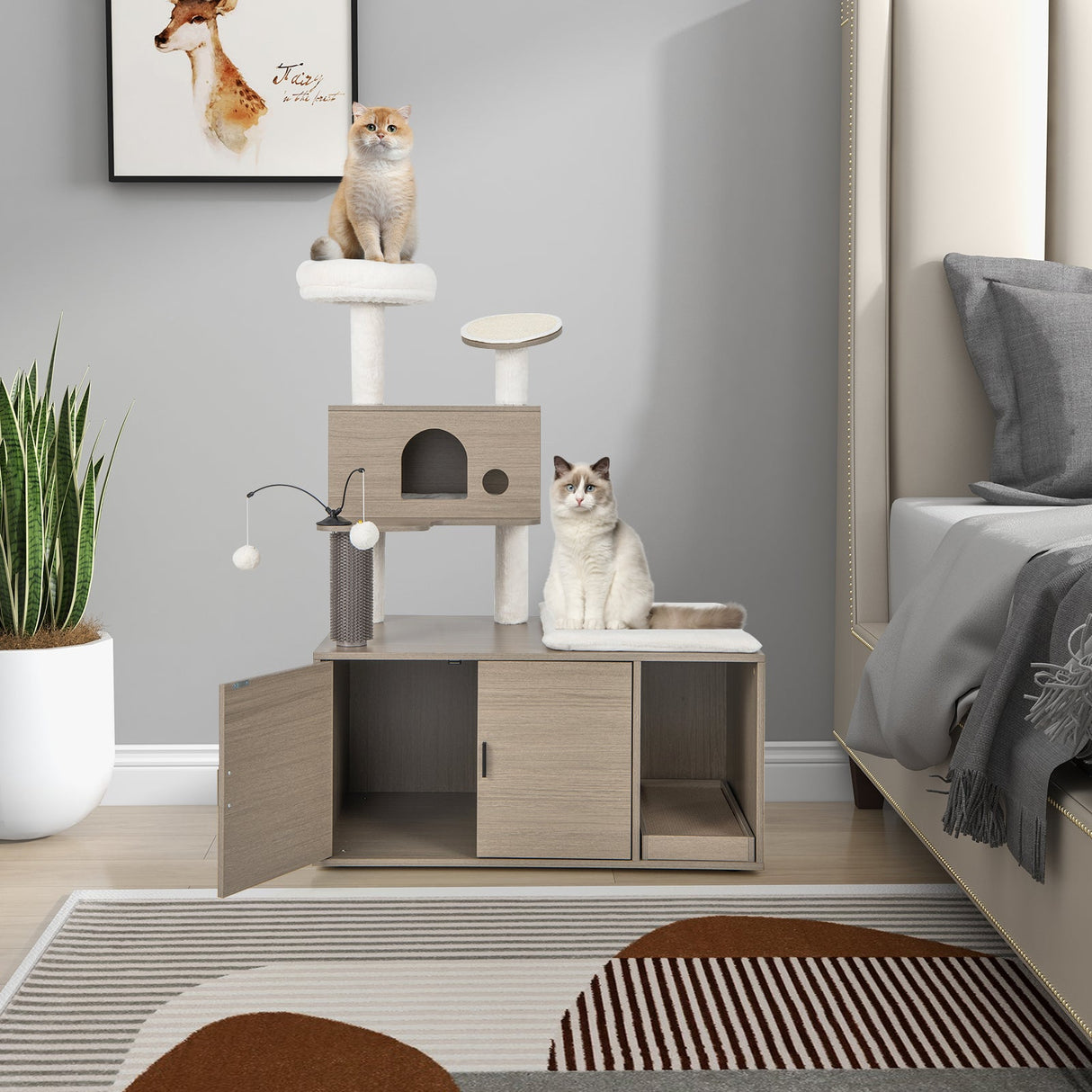Torre moderna 2 en 1 para gatos con recinto para arenero para gatos de interior-Gris
