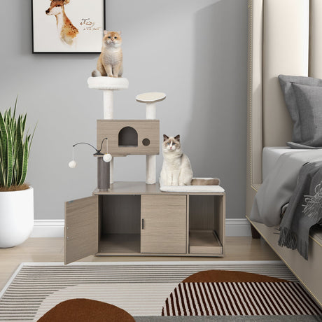 Torre moderna 2 en 1 para gatos con recinto para arenero para gatos de interior-Gris
