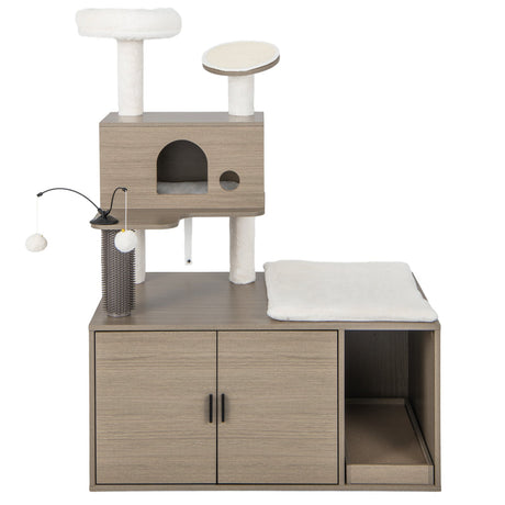 Torre moderna 2 en 1 para gatos con recinto para arenero para gatos de interior-Gris