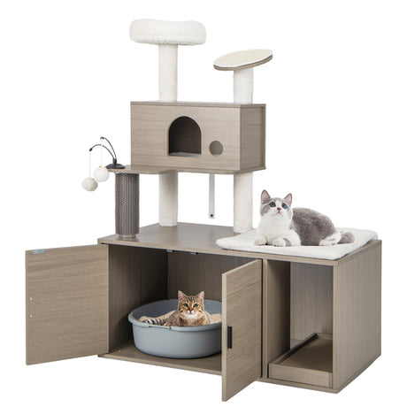 Torre moderna 2 en 1 para gatos con recinto para arenero para gatos de interior-Gris