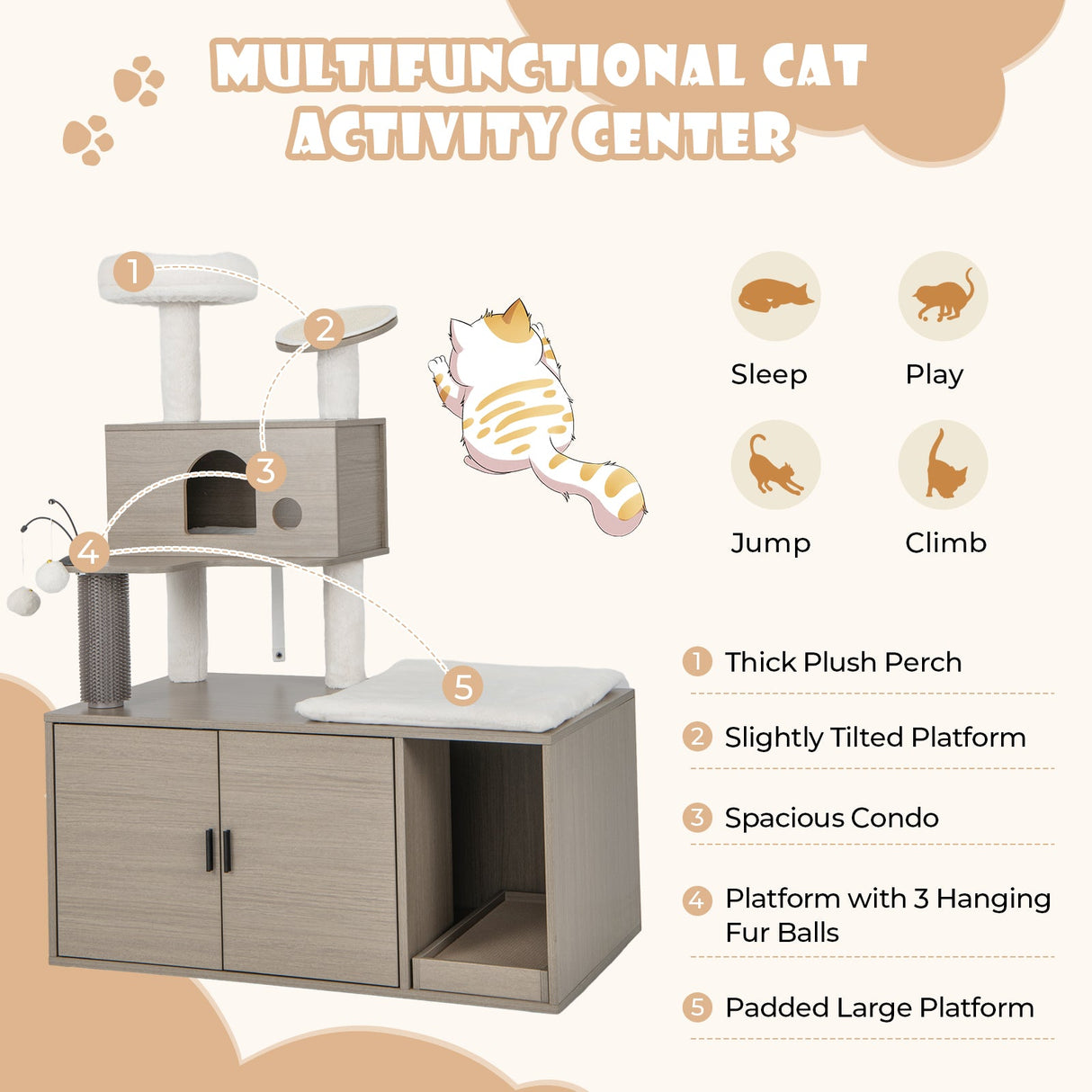 Torre moderna 2 en 1 para gatos con recinto para arenero para gatos de interior-Gris