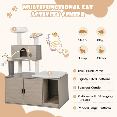 Torre moderna 2 en 1 para gatos con recinto para arenero para gatos de interior-Gris