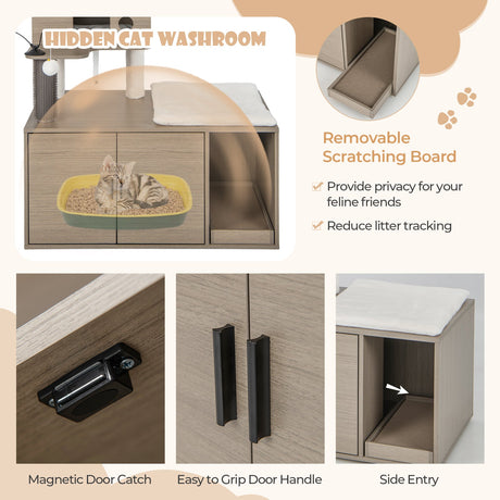 Torre moderna 2 en 1 para gatos con recinto para arenero para gatos de interior-Gris