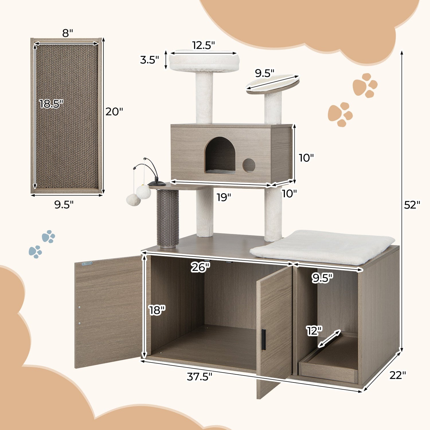 Torre moderna 2 en 1 para gatos con recinto para arenero para gatos de interior-Gris