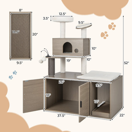 Torre moderna 2 en 1 para gatos con recinto para arenero para gatos de interior-Gris